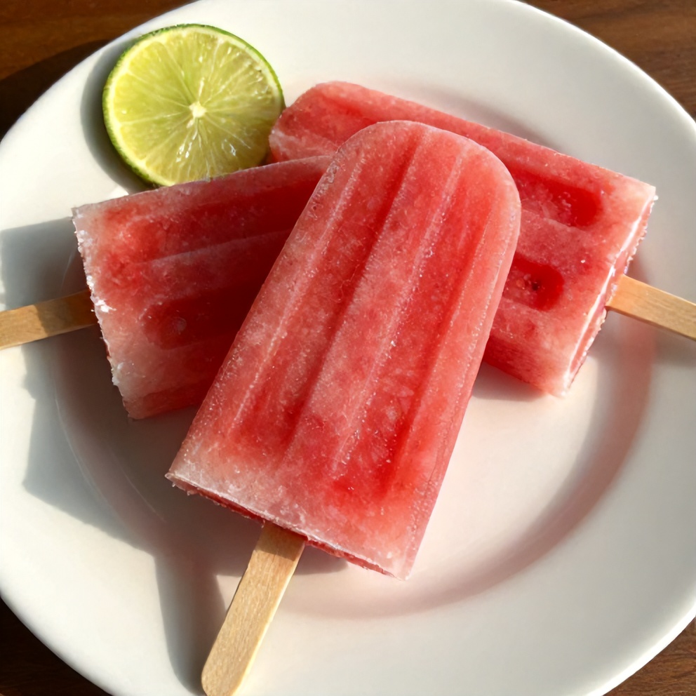 Watermelon Coconut Popsicles on a white plate with a lime wheel garnish