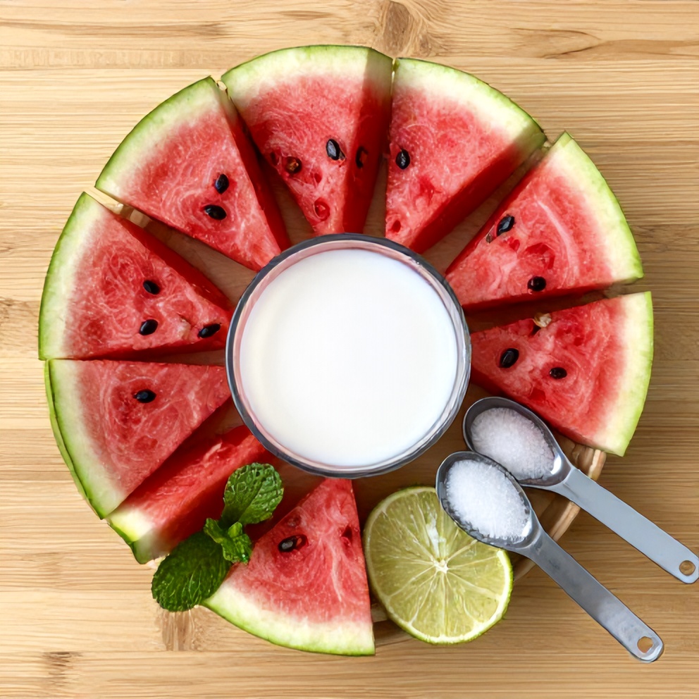 Watermelon, coconut milk, sugar, lime, and mint leaves arranged on a wooden surface