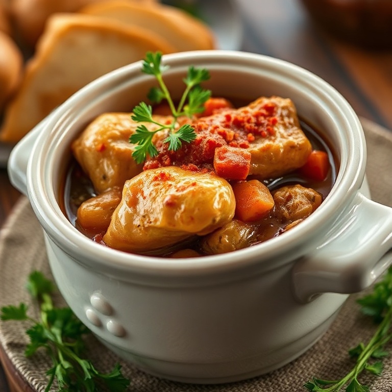 Crockpot Chicken Pot Roast in a ceramic bowl. Paprika and parsley garnish. Warm side lighting. Close crop. Photorealistic style. No text. No watermark.