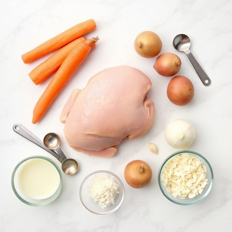 Raw chicken, carrots, potatoes, onions, and garlic arranged in an overhead flat lay. Measuring spoons and bowls visible. White marble surface. Bright even light. No text. No watermark.