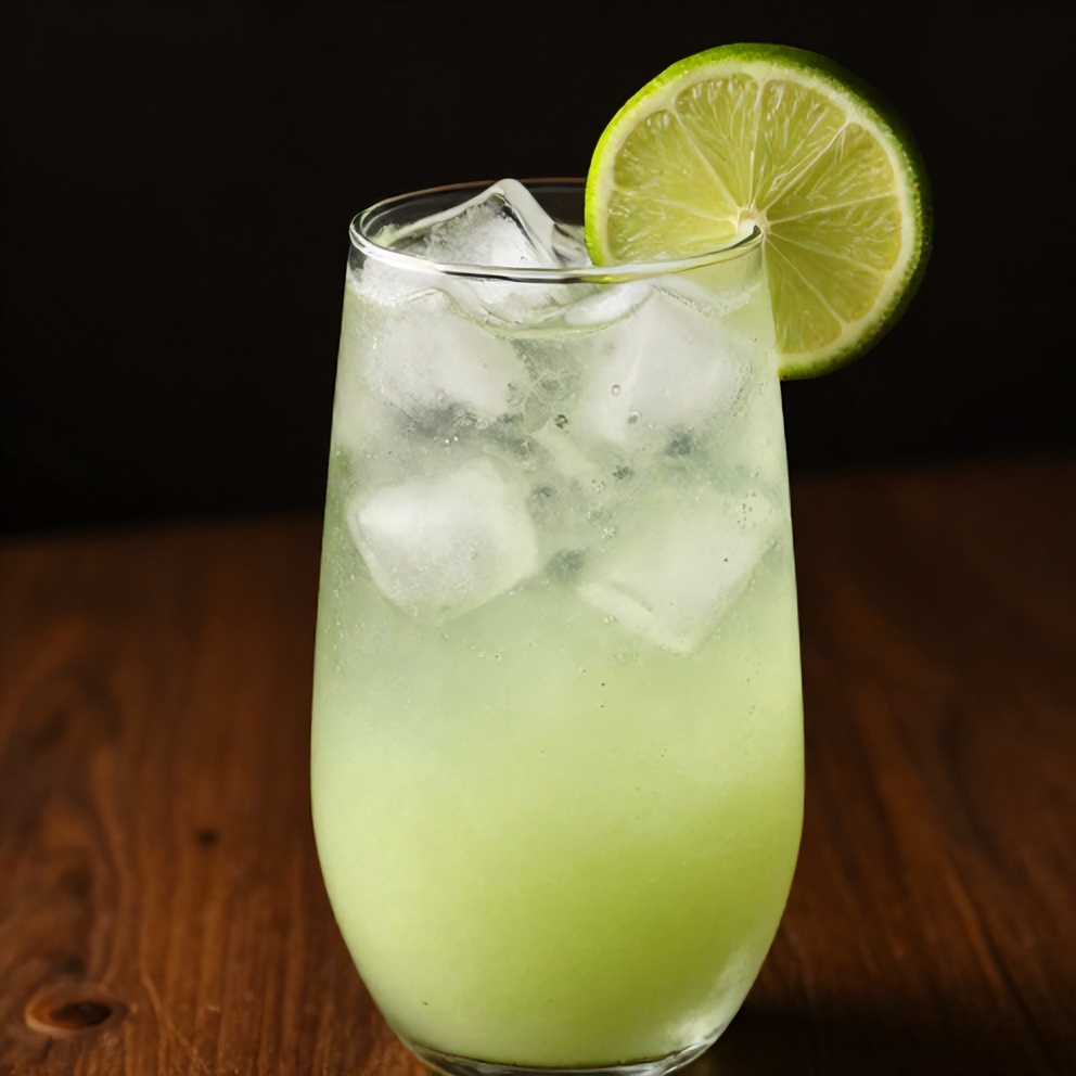 Cucumber Melon Spritzer served in a glass with ice and a lime wheel garnish