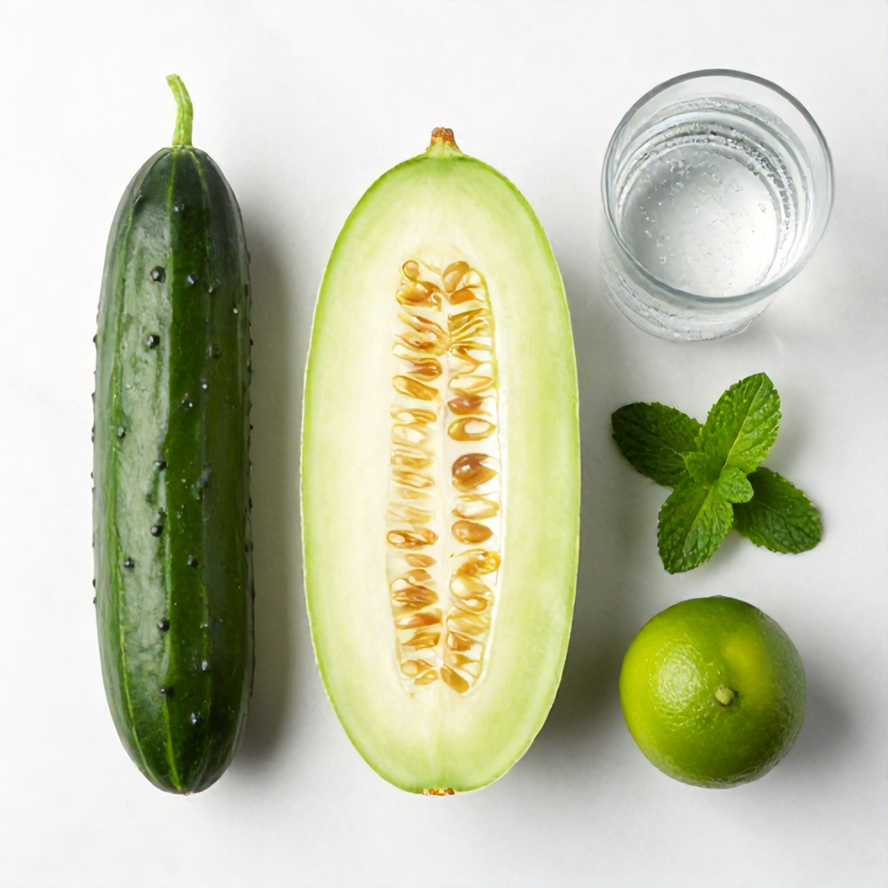 Cucumber, melon, lime, mint leaves, and sparkling water arranged on a white marble surface
