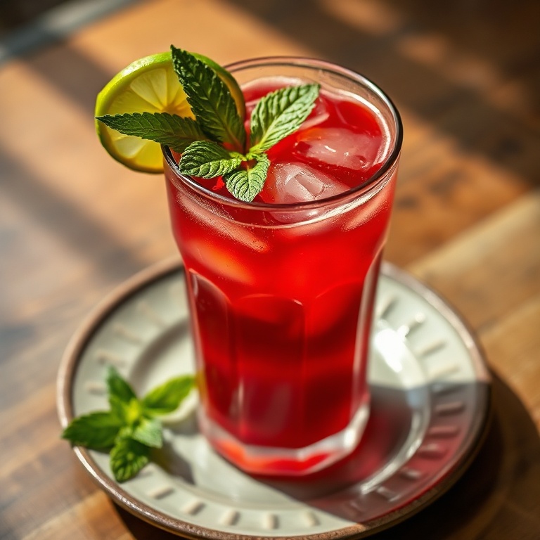 A single glass of agua de jamaica with ice, fresh mint, and a lime slice on a ceramic plate under warm lighting.