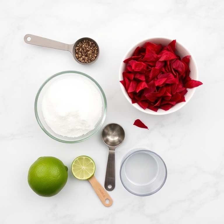 Raw hibiscus flowers, sugar, water, and lime arranged in a flat lay on a white marble surface with measuring tools nearby.