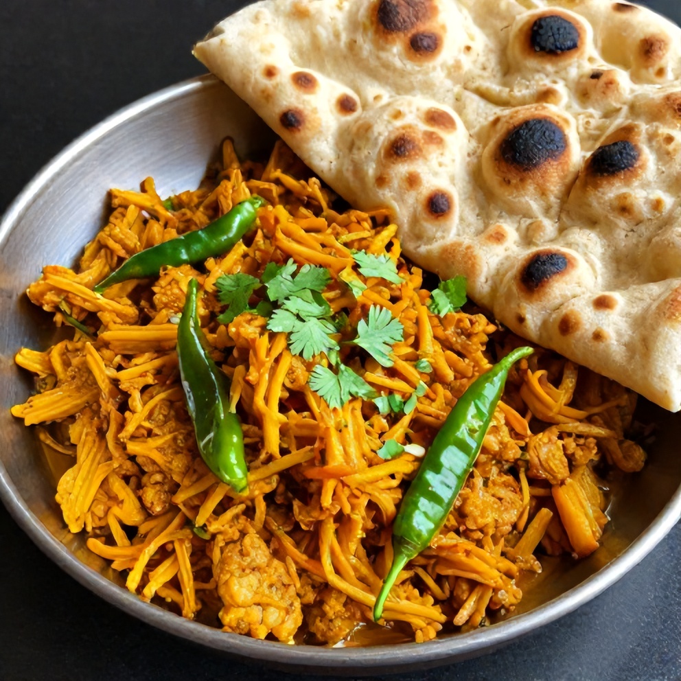 Plated serving of Easy Aloo Keema with naan