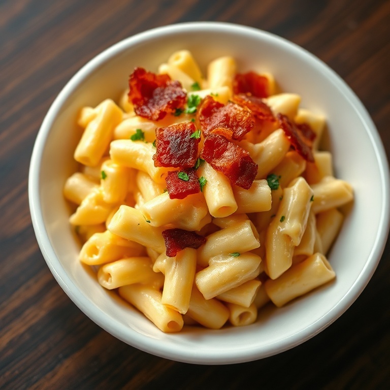 A bowl of creamy bacon mac and cheese garnished with fresh parsley, close crop, warm light showing melty cheese and crisp bacon pieces.