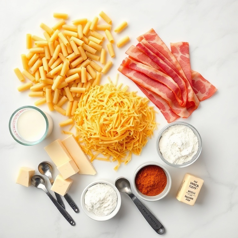 Overhead flat lay with elbow macaroni, bacon, shredded cheddar, milk, and butter arranged with small prep bowls and measuring spoons visible.