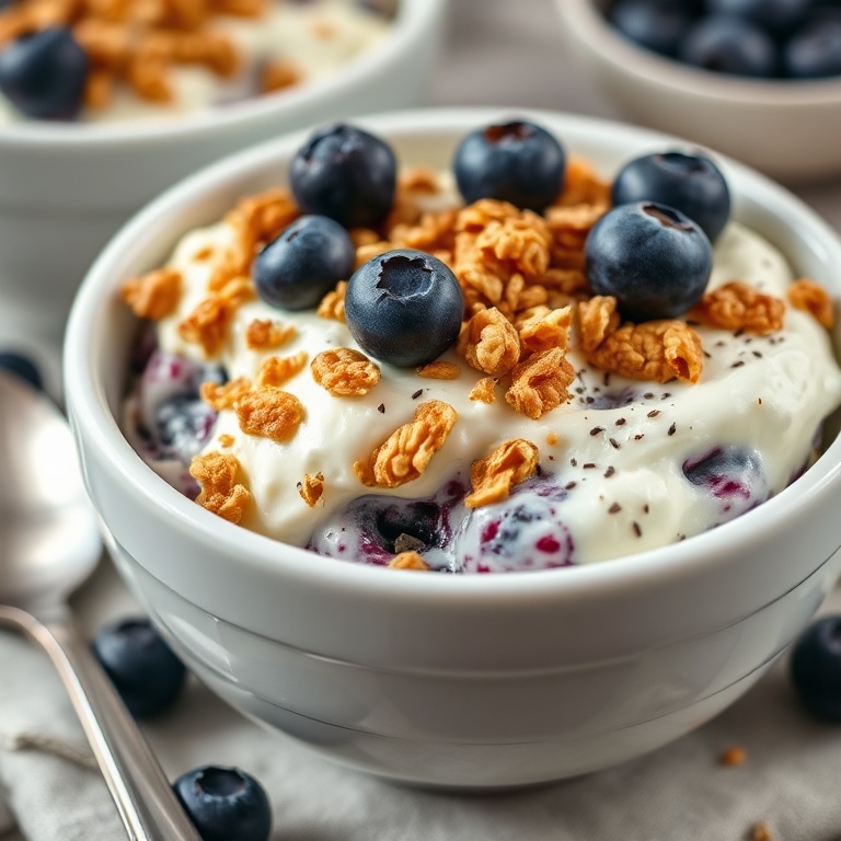 Baked blueberry cottage cheese bowls in a white ceramic bowl. Topped with fresh blueberries and granola. Warm lighting. Close crop. Photorealistic food photography.