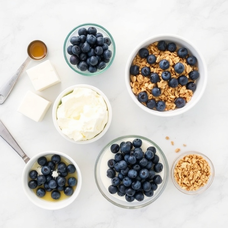 Raw ingredients for baked blueberry cottage cheese bowls. Cottage cheese, blueberries, yogurt, granola, and honey. Measuring spoons and bowls visible. White marble surface. Bright even light.