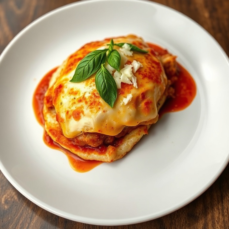 One serving of golden baked chicken parmesan topped with melted mozzarella and fresh basil, plated on a white ceramic dinner plate.
