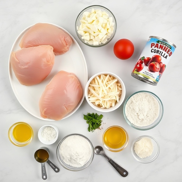 Overhead flat lay of raw chicken breasts, panko breadcrumbs, mozzarella cheese, eggs, and tomatoes plus measured bowls of seasonings.