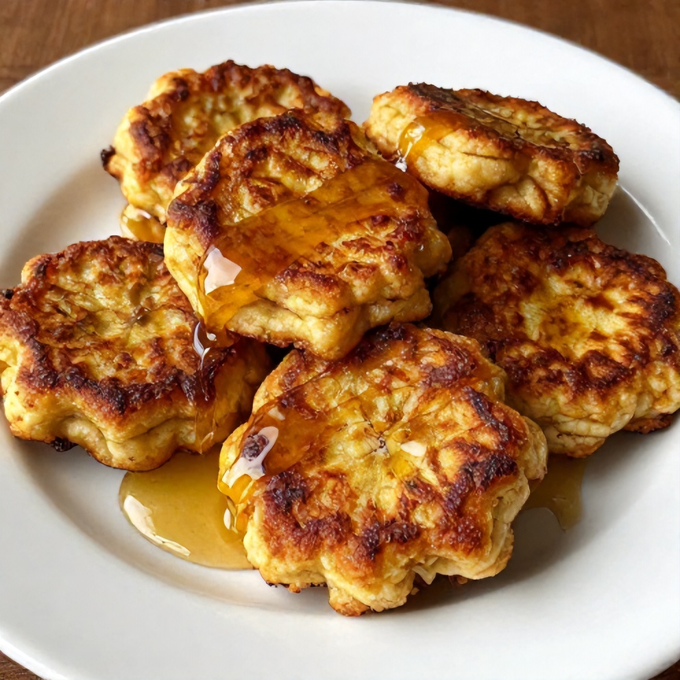 Plated serving of baked cinnamon banana fritters with honey drizzle