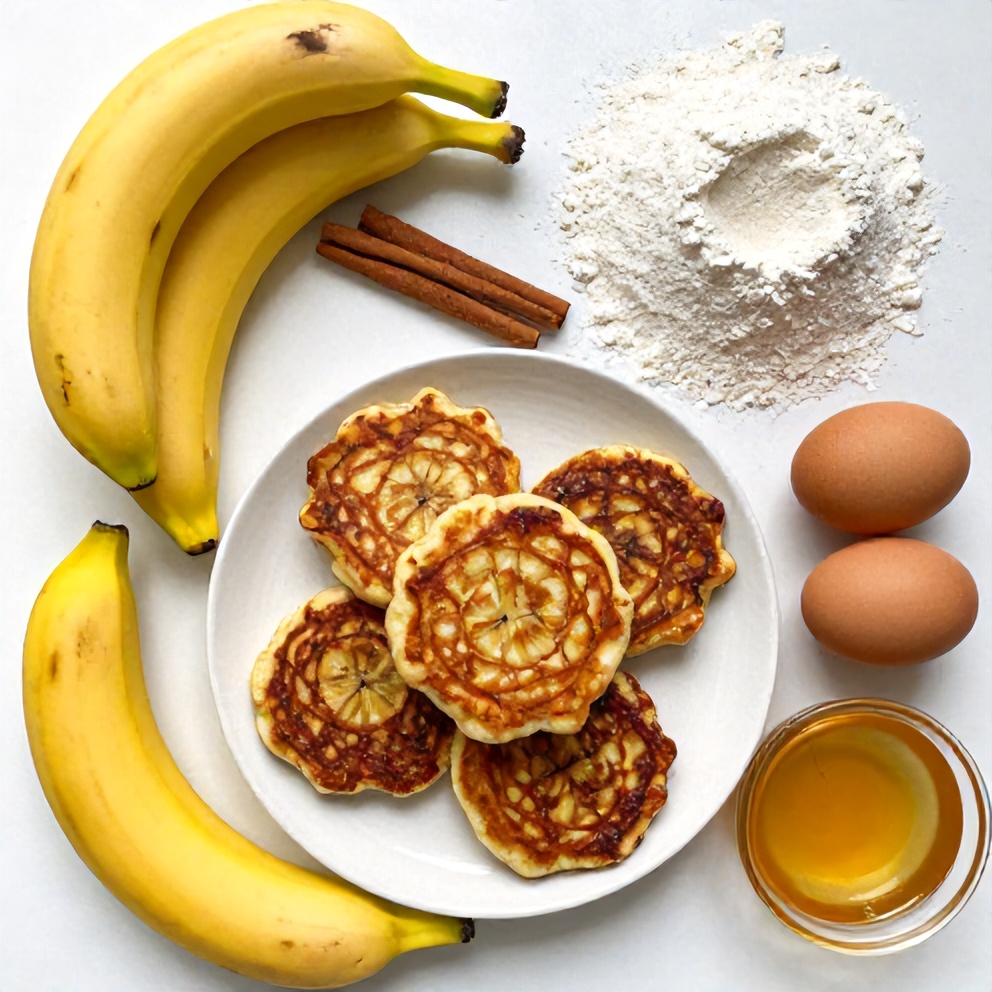 Overhead flat lay of ripe bananas, flour, cinnamon, eggs, and honey for baked cinnamon banana fritters