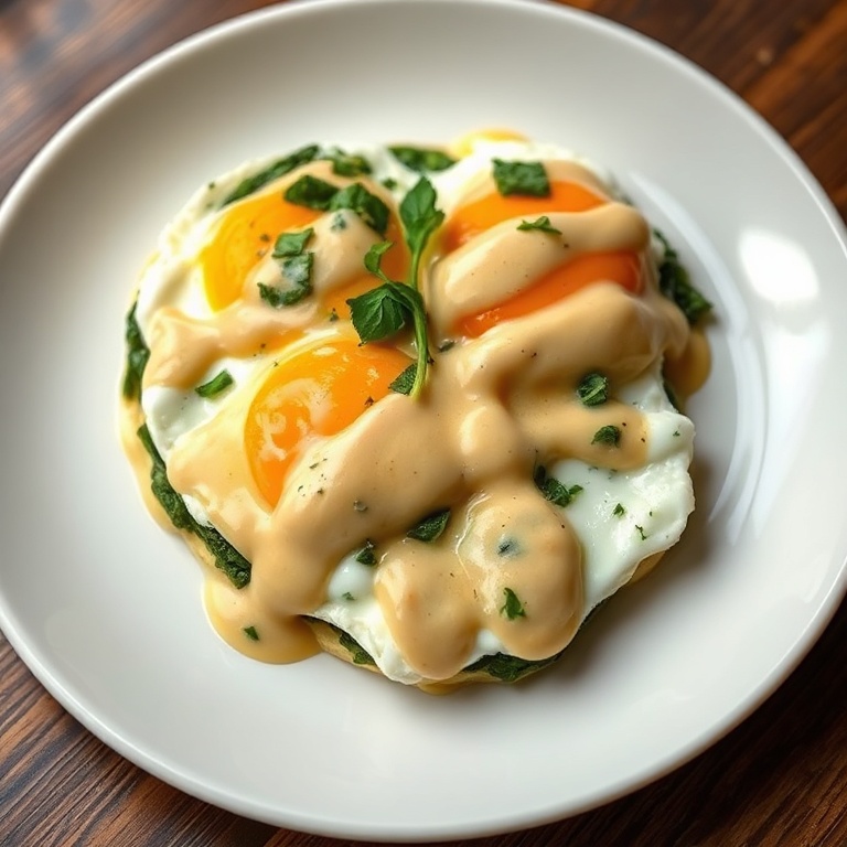 Perfectly plated baked eggs Florentine with fresh herbs. Creamy spinach sauce drizzled on top. White ceramic plate. Warm side lighting showing texture. Photorealistic food photography style.