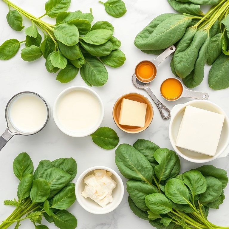 Overhead flat lay of fresh spinach, eggs, milk, cheese, and butter. Measuring spoons and bowls visible. White marble surface. Bright even light. Photorealistic overhead food photography style.