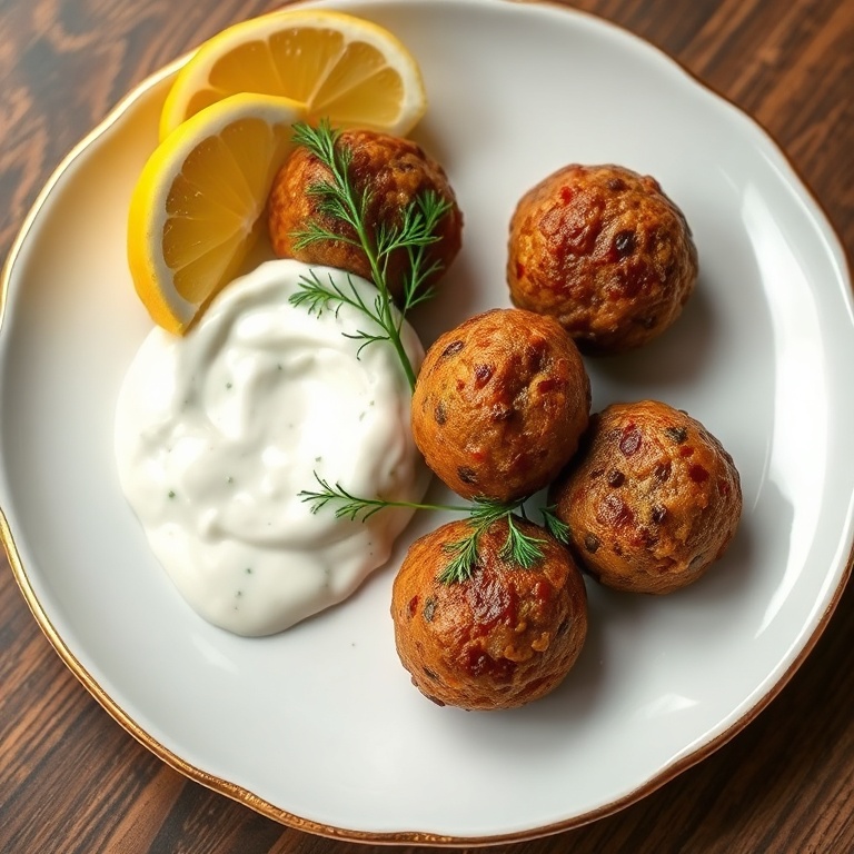 Perfectly plated lentil meatballs with tzatziki sauce, fresh dill, and a lemon wedge. White ceramic plate with golden edges.