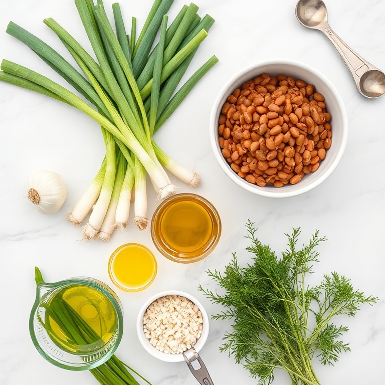 Fresh green onions, garlic, canned lentils, breadcrumbs, olive oil, and dill in a flat lay. Measuring spoons and bowls nearby.