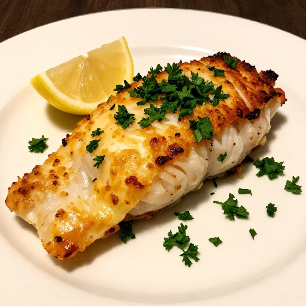 Plated baked halibut with lemon wedge