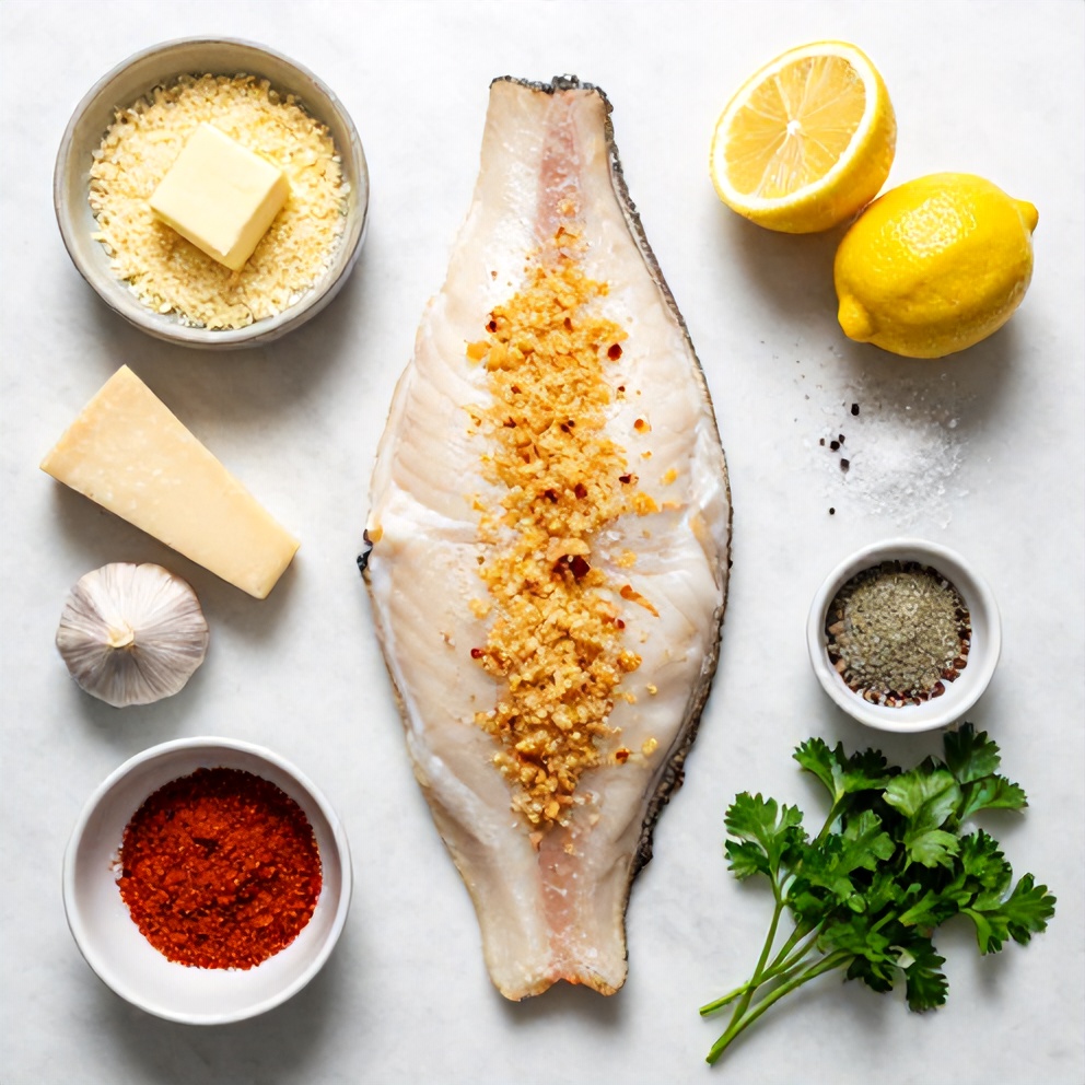 Raw ingredients for baked halibut
