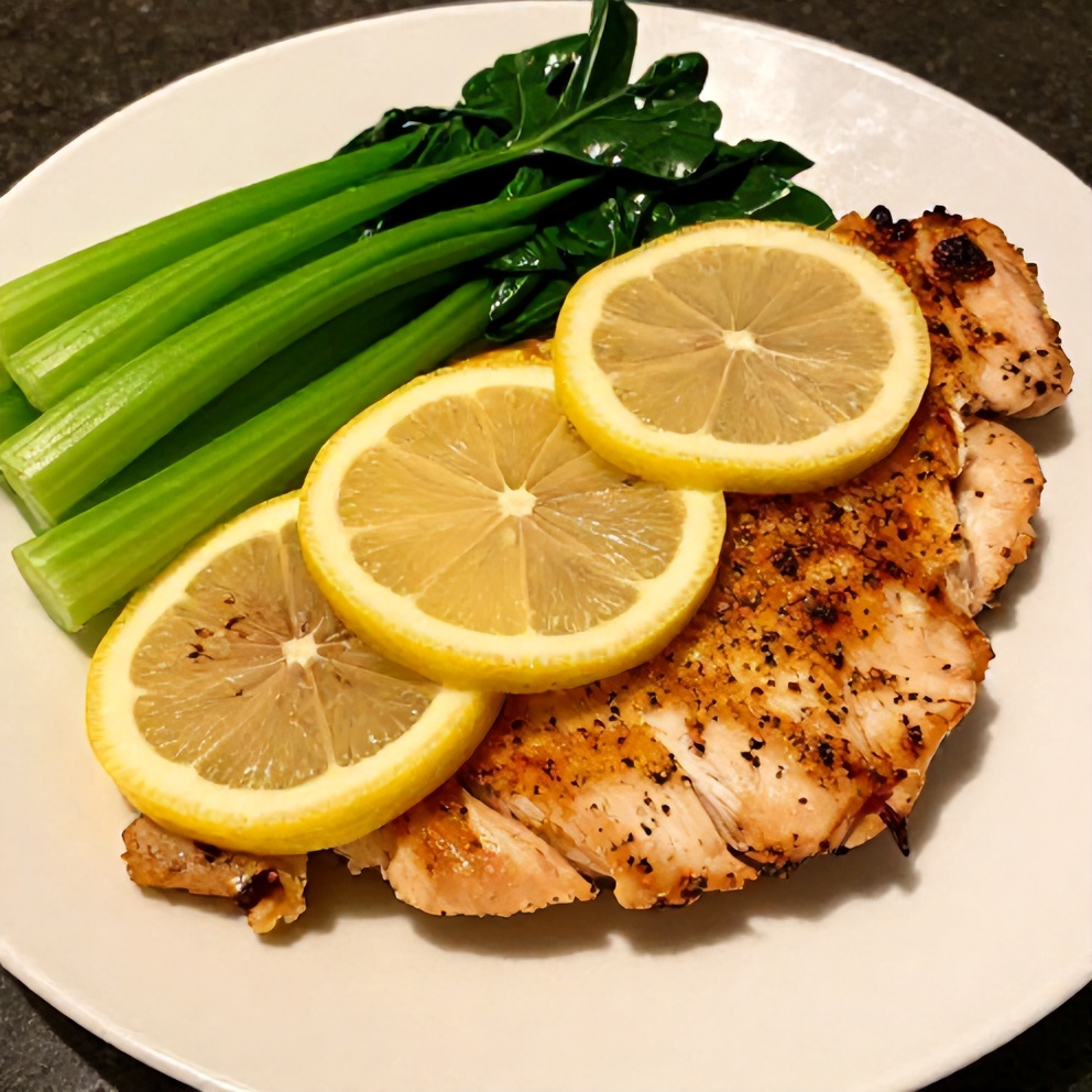 Plated baked lemon pepper chicken breast with lemon slices