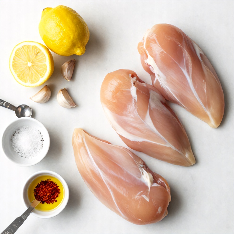 Raw ingredients for baked lemon pepper chicken breasts on a marble surface