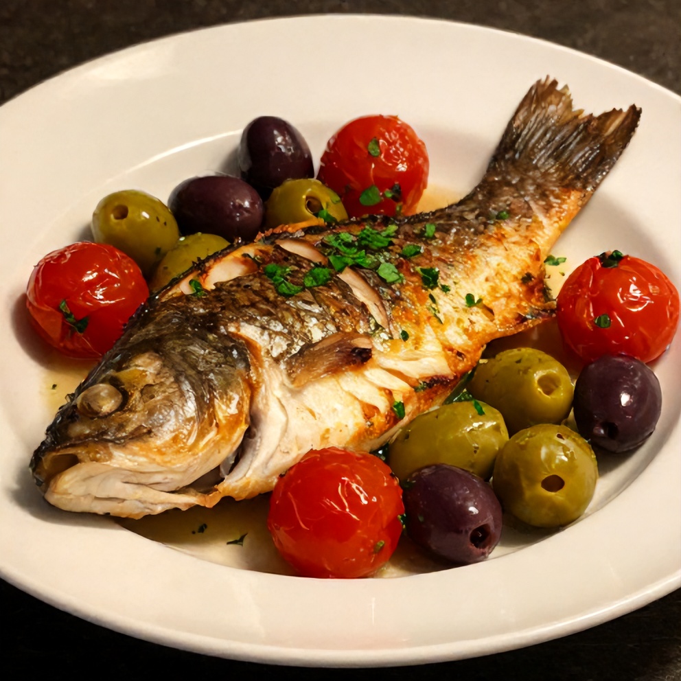 Plated serving of easy baked sea bass with olives and cherry tomatoes