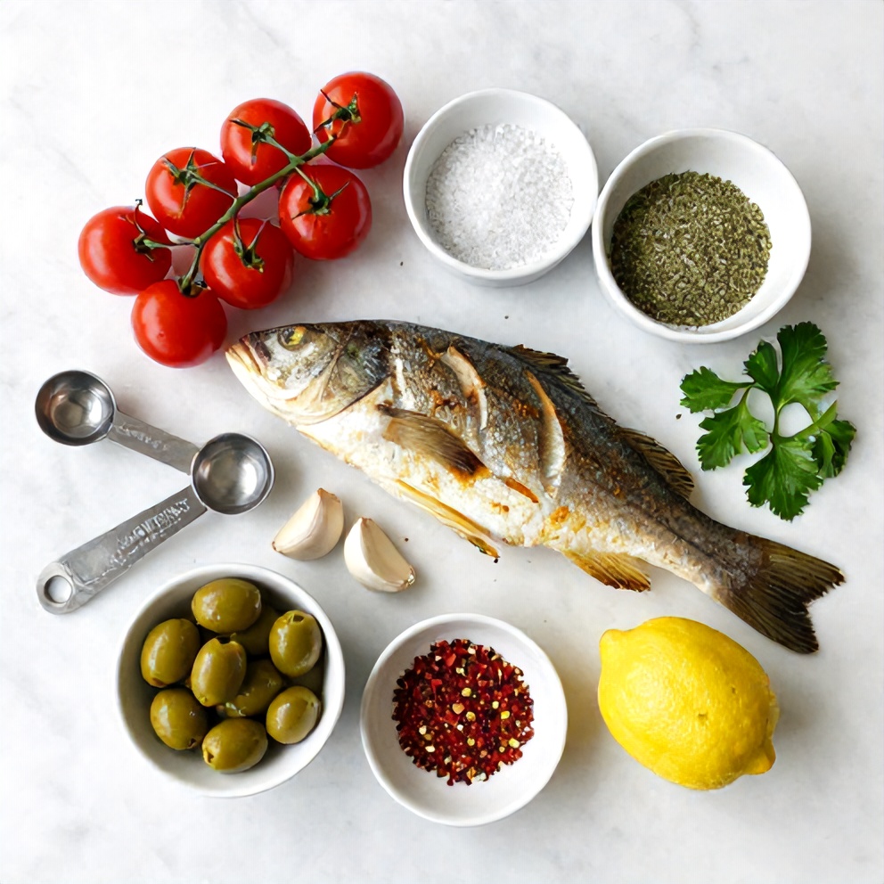 Raw ingredients for easy baked sea bass with olives and cherry tomatoes