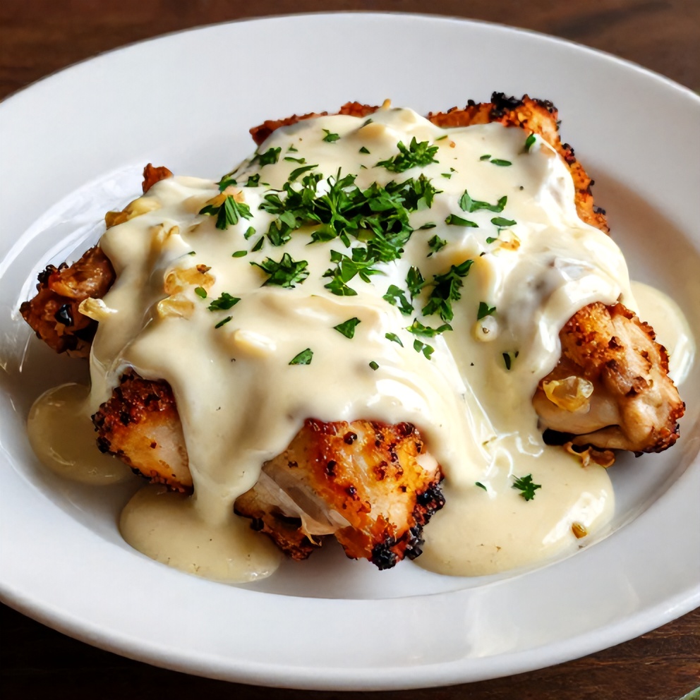 Plated baked sour cream and onion chicken with parsley