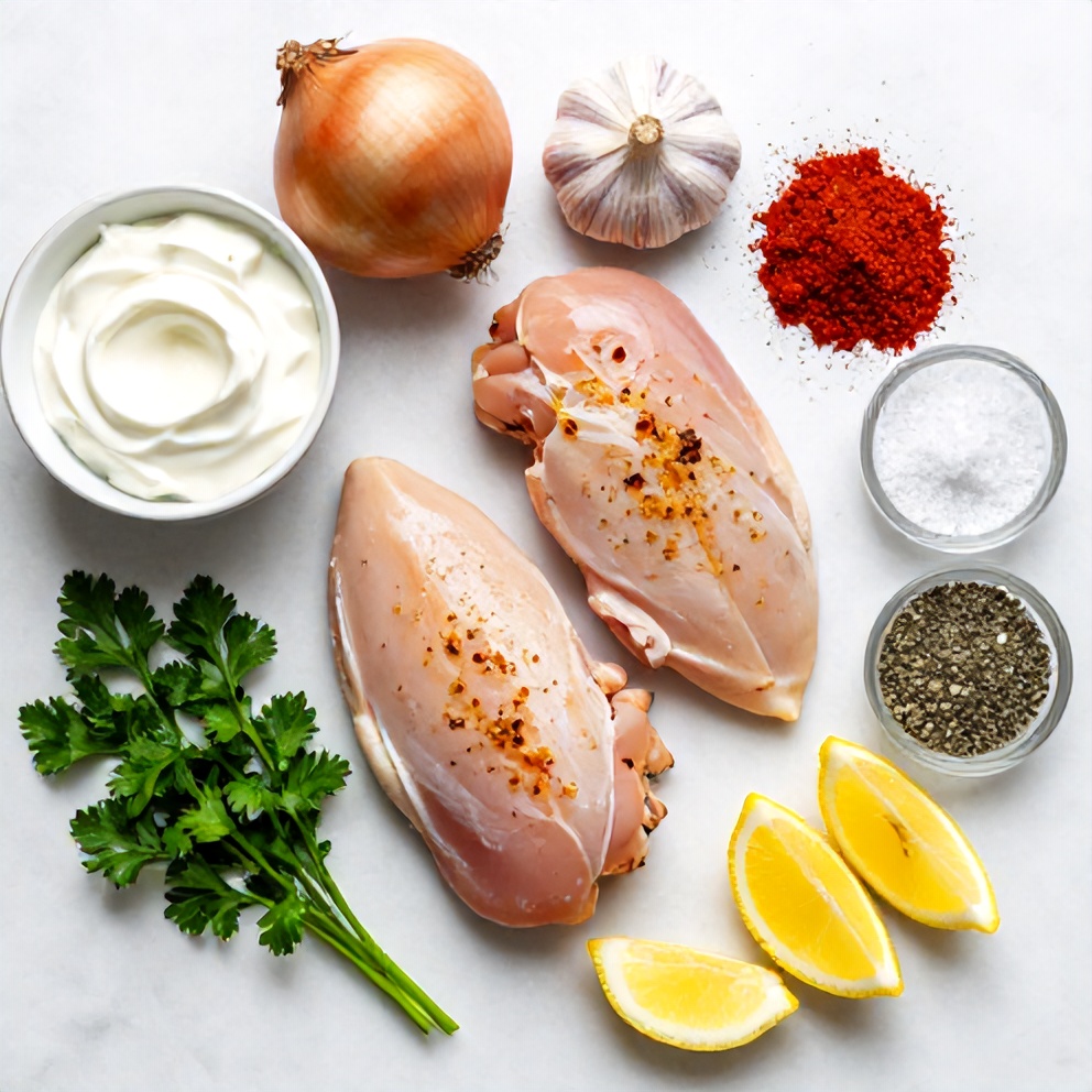 Raw ingredients for baked sour cream and onion chicken