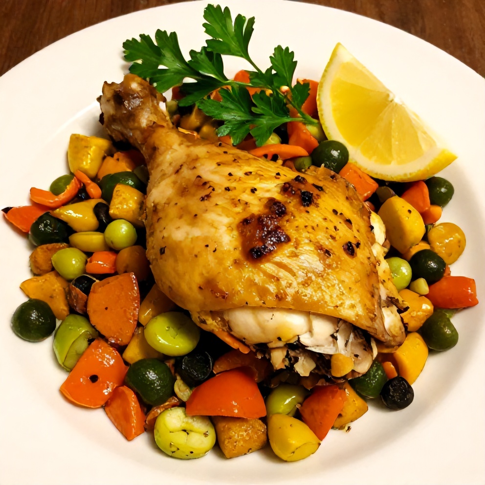 Plated baked turmeric chicken with spring vegetables