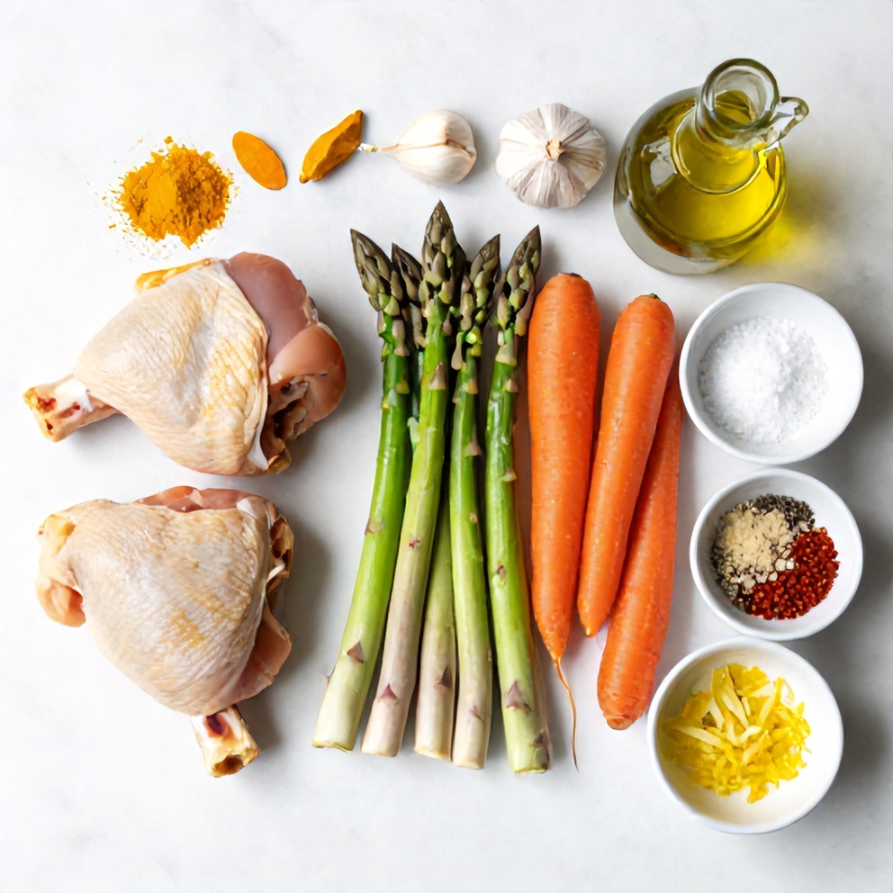 Raw ingredients for baked turmeric chicken with spring vegetables