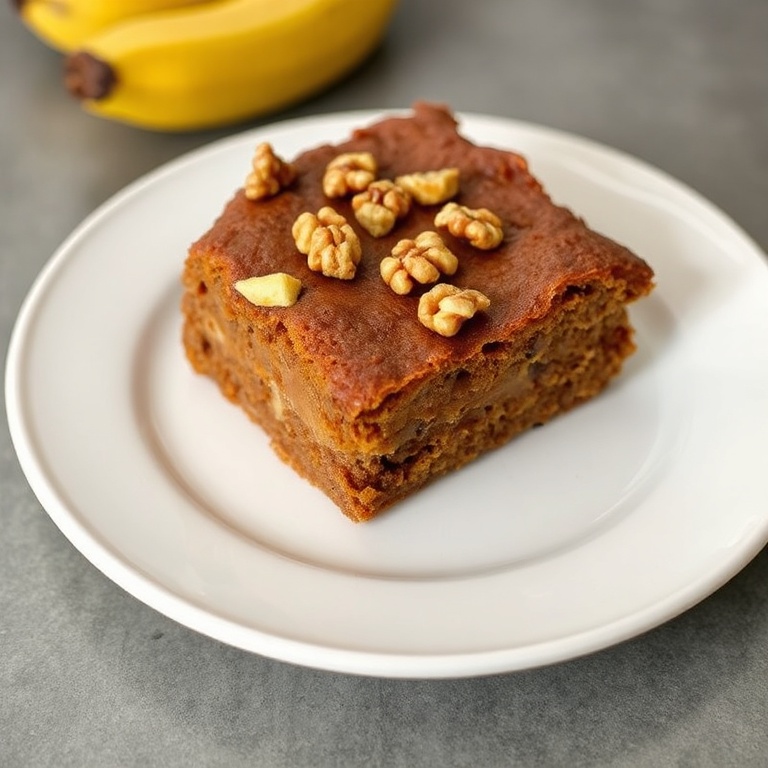 One perfect serving of banana bread brownies on a white ceramic plate. Topped with chopped walnuts. Warm side lighting shows the texture. No text. No watermark.