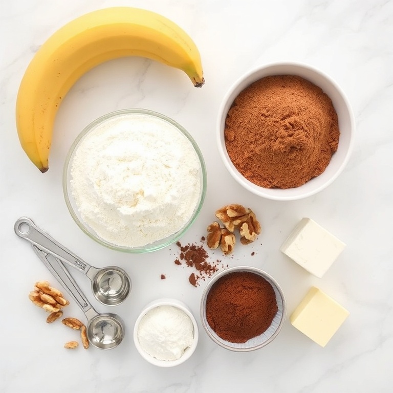 Overhead flat lay of flour, brown sugar, bananas, walnuts, cocoa powder, and butter. Measuring spoons and bowls visible. White marble surface. Bright even light. No text. No watermark.