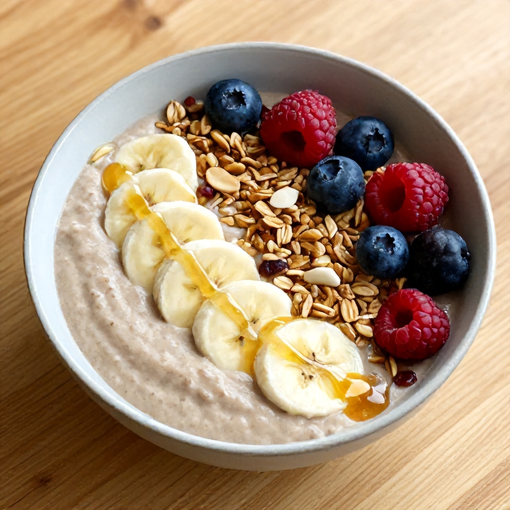Banana Peanut Butter Oat Smoothie Bowl with Granola, Berries, and Honey