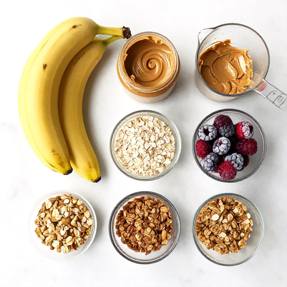Banana, Peanut Butter, Oats, Frozen Berries, and Granola for Banana Peanut Butter Oat Smoothie Bowl