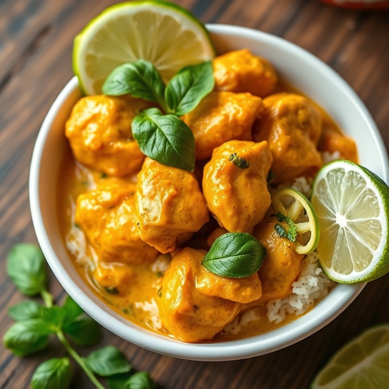 Serving of golden chicken curry with fresh basil. Garnished with lime and served in a white bowl.