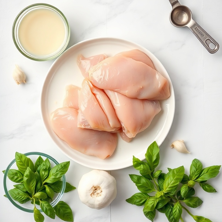 Fresh chicken, coconut milk, garlic, onion, and basil in a flat lay. Measuring tools and bowls visible.