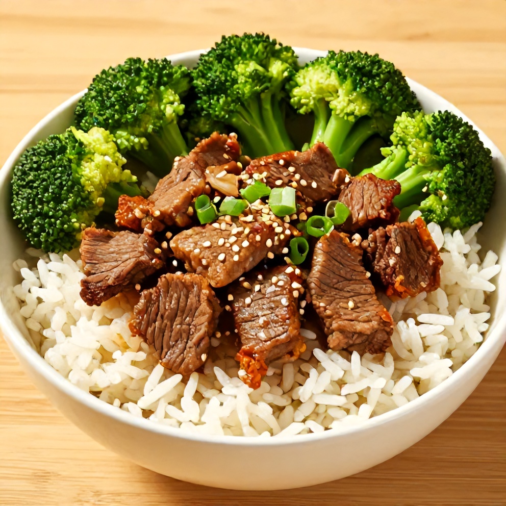 Plated Beef and Broccoli Rice Bowl with crispy beef, tender broccoli, and fluffy rice