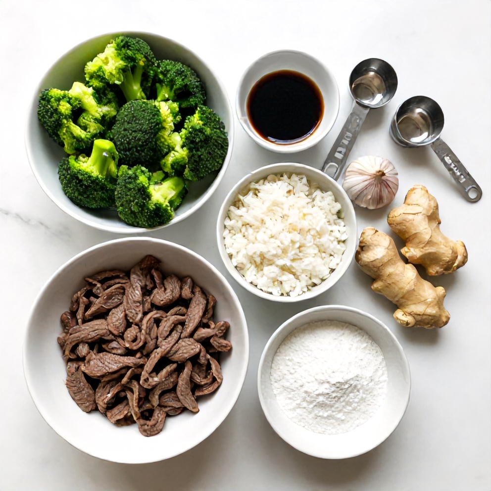 Raw ingredients for Beef and Broccoli Rice Bowl including beef, broccoli, rice, and seasonings