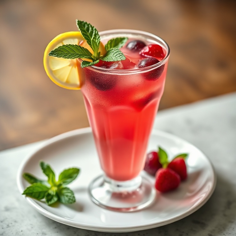 A perfectly plated glass of easy berry cocktail with a slice of lemon and fresh mint on the rim
