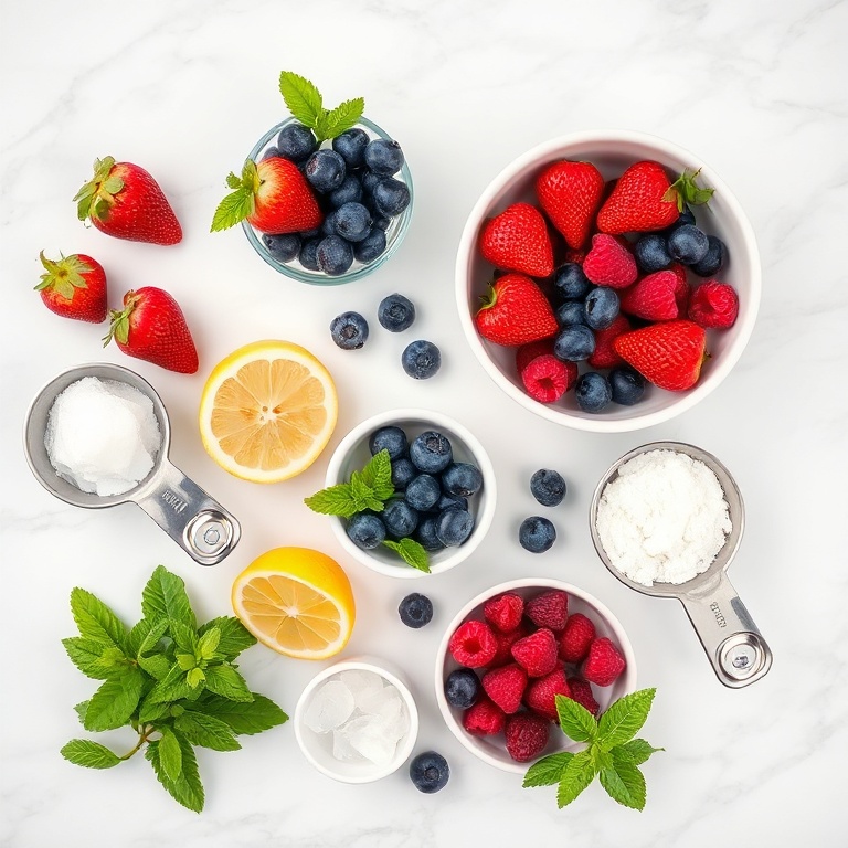 Fresh berries, mint, lemon, sugar, and ice arranged in a flat lay on a white marble surface