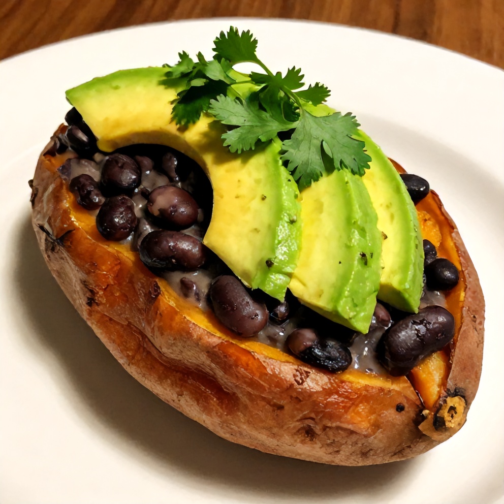 Black Bean Stuffed Sweet Potato on a plate with avocado and cilantro