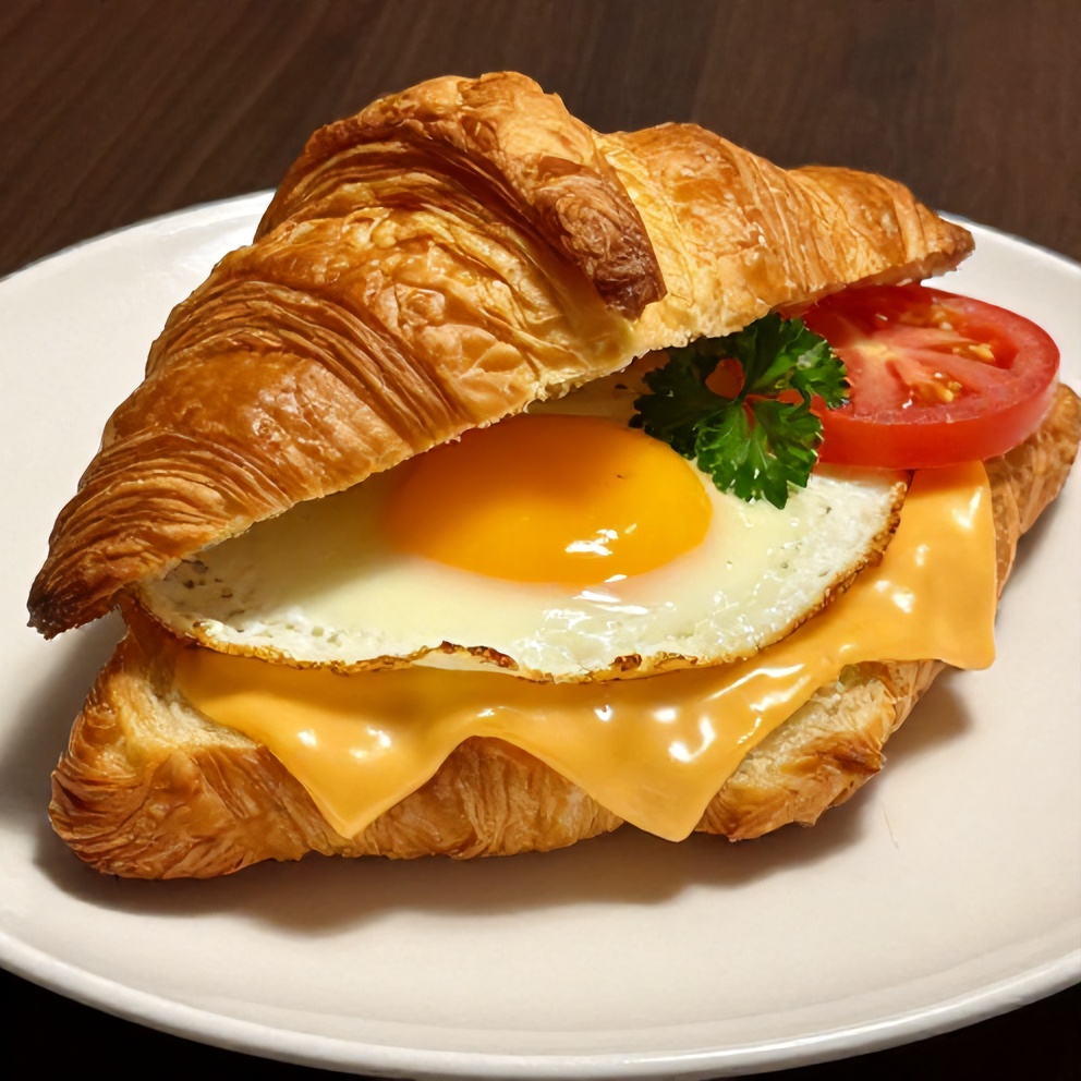 Plated serving of breakfast croissant sandwiches