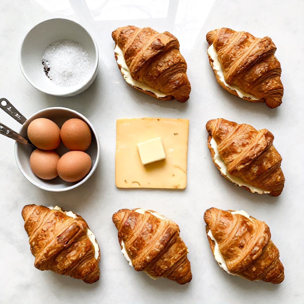 Raw ingredients for easy breakfast croissant sandwiches