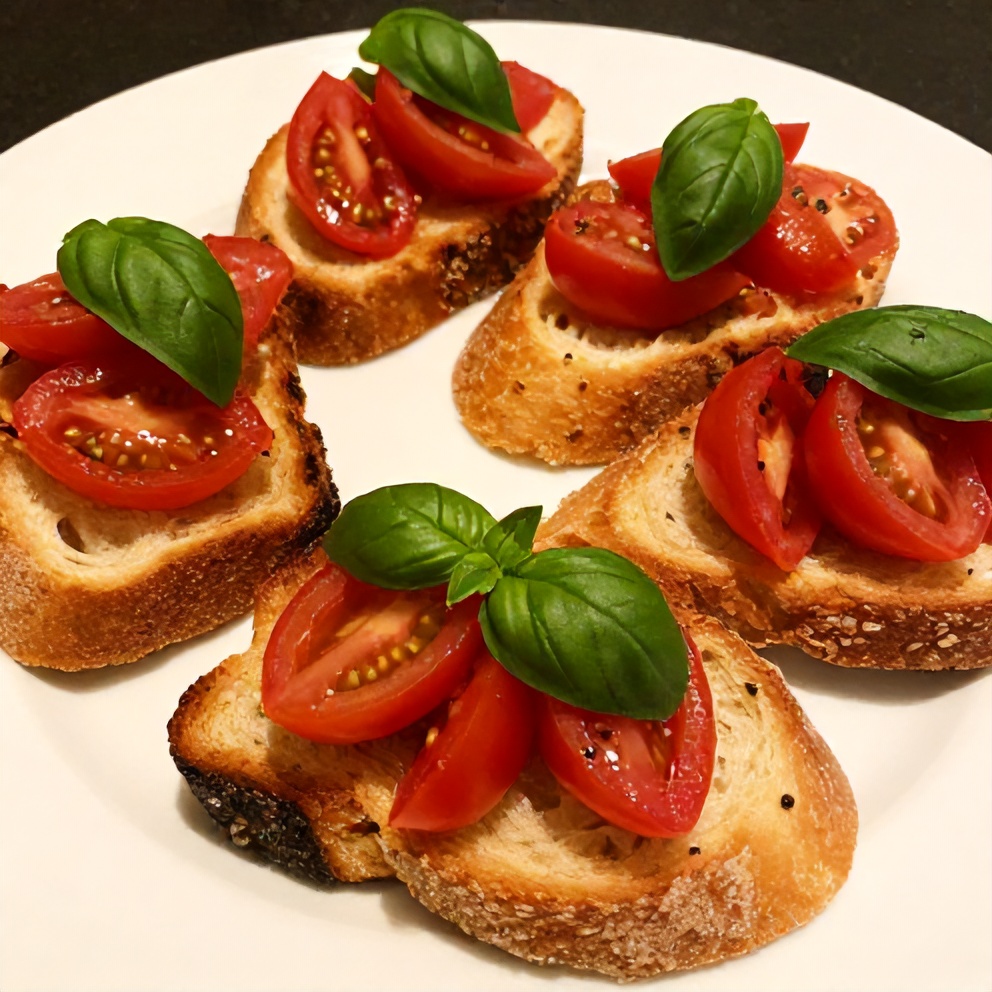 Plated serving of easy bruschetta with heirloom tomatoes and fresh basil