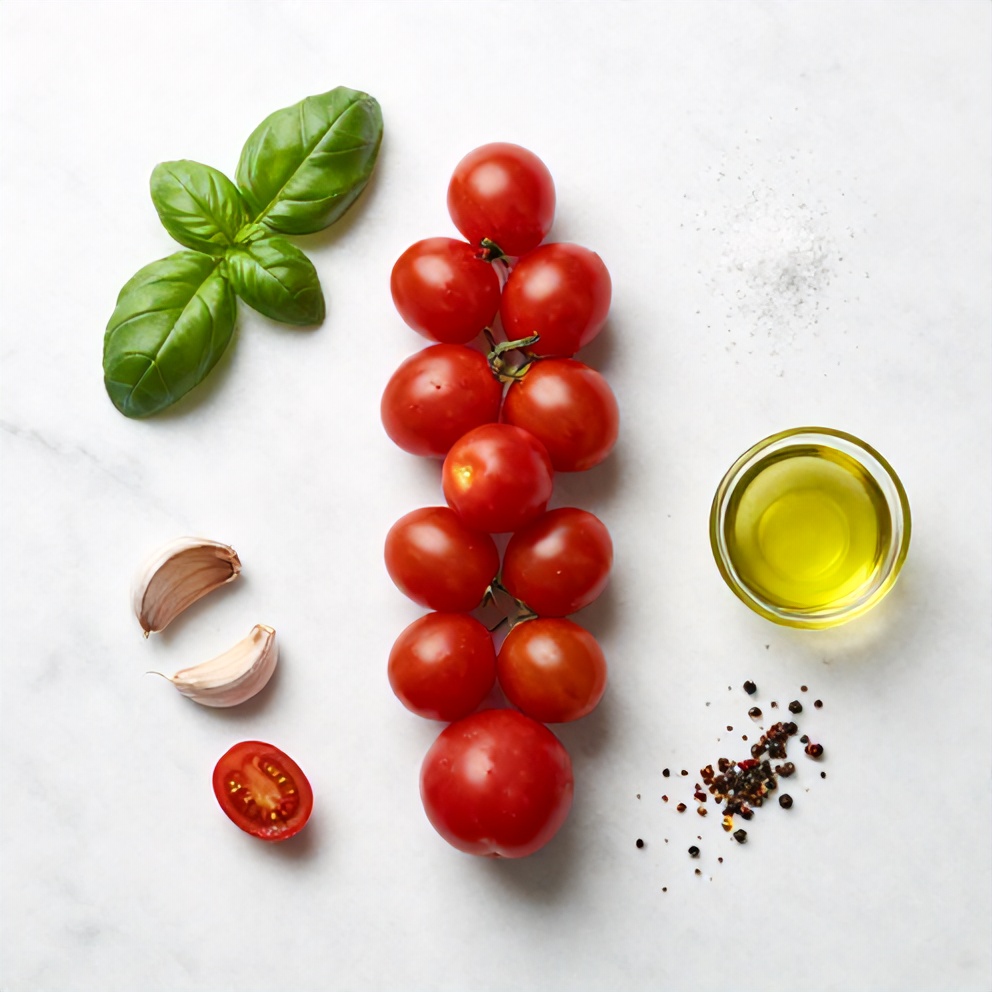 Raw ingredients for easy bruschetta with heirloom tomatoes and fresh basil