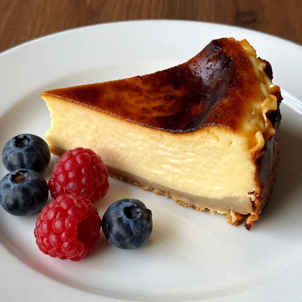 Sliced Burnt Basque Cheesecake on a plate with a side of fresh berries