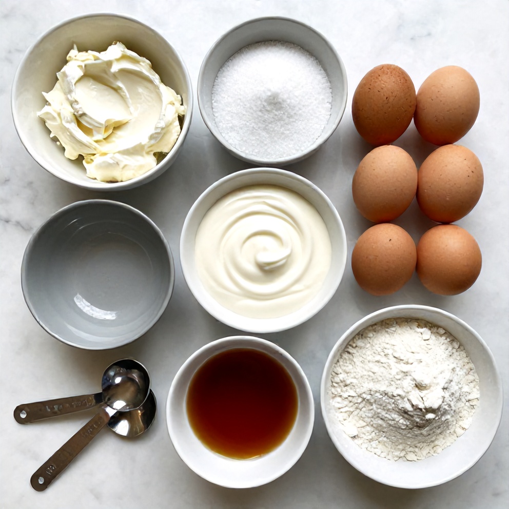 Raw ingredients for Burnt Basque Cheesecake: cream cheese, sugar, eggs, heavy cream, and flour