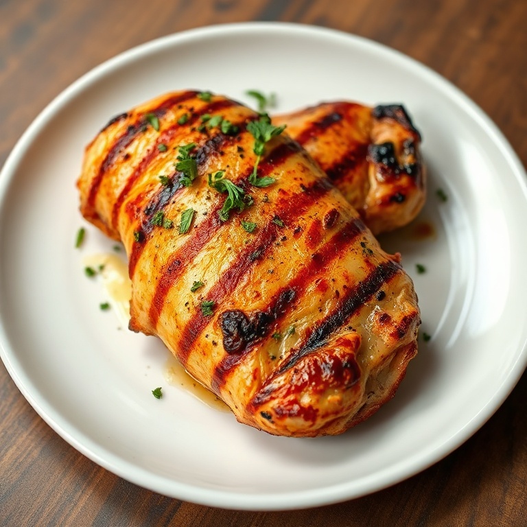 Perfectly plated grilled chicken with crispy skin. Garnished with fresh oregano. Served on a white ceramic plate. Warm side lighting highlighting texture. Photorealistic food photography. No text. No watermark.