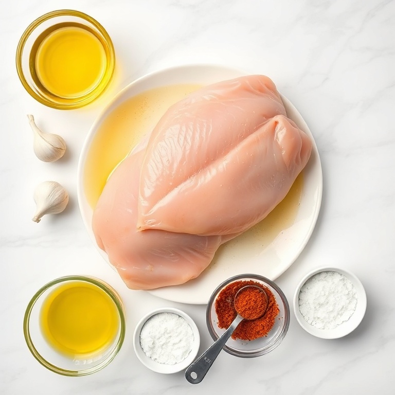 Overhead flat lay of butterflied chicken, olive oil, garlic, paprika, oregano, and salt. Prep bowls with measuring spoons. White marble surface. Bright even light. Photorealistic overhead food photography. No text. No watermark.